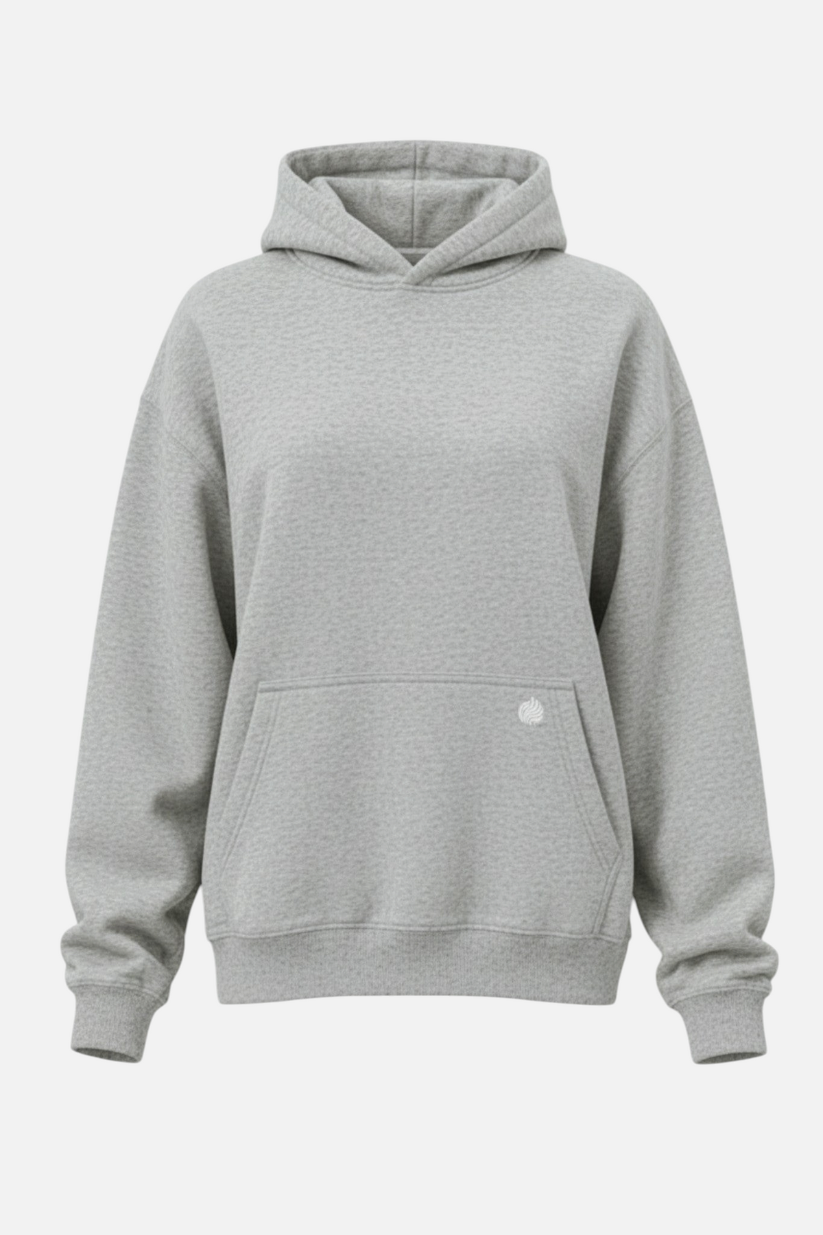 noora grey brushed fleece hoodie with a boxy fit, front pocket, and hood, made from a soft cotton blend.